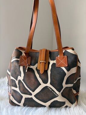Vintage Dooney & Bourke Canvas and Brown Leather Giraffe Print Bag